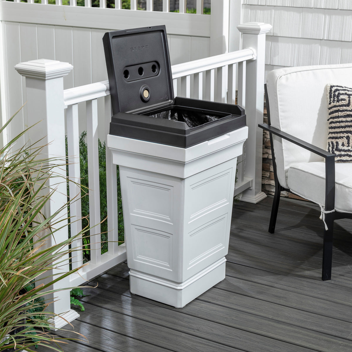 Atherton Garbage Container™ - Classic White lid open