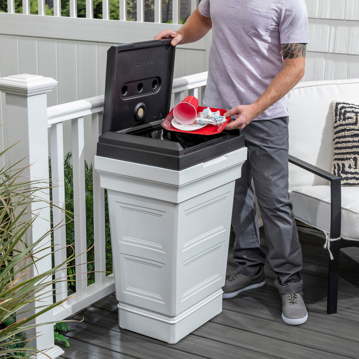Atherton Garbage Container™ -Classic White - person putting garbage in