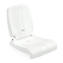 Flip Seat in white — single fold-flat seat in upright position with curved backrest and ergonomic wing cutout; white background