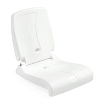 Single white Flip Seat in upright position — curved backrest with ergonomic wing channel cutout, hinged to wide seat platform; white background
