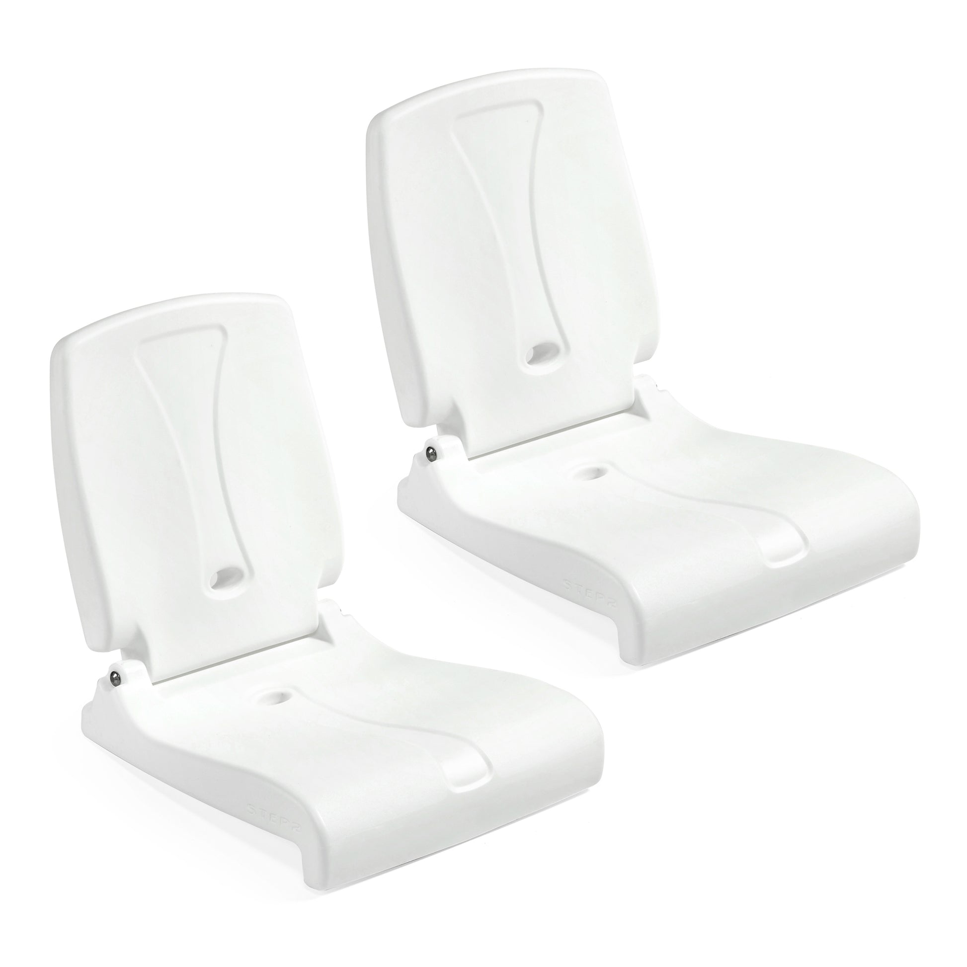 Step2 Flip Seat 2-Pack — two white fold-flat seats in upright position; curved backrest with ergonomic wing cutout; hinged to wide seat platform; white background