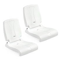 Step2 Flip Seat 2-Pack — two white fold-flat seats in upright position; curved backrest with ergonomic wing cutout; hinged to wide seat platform; white background