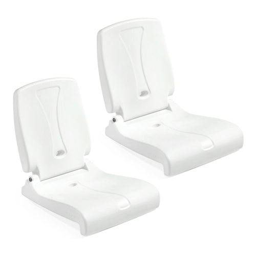 Step2 Flip Seat 2-Pack — two white fold-flat seats in upright position; curved backrest with ergonomic wing cutout; hinged to wide seat platform; white background