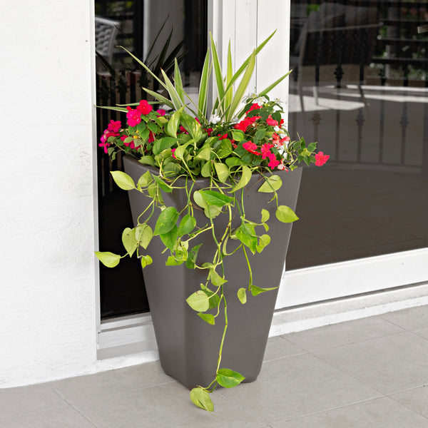 Bridgeview Tall Planter™ - Dark Cedar with plants
