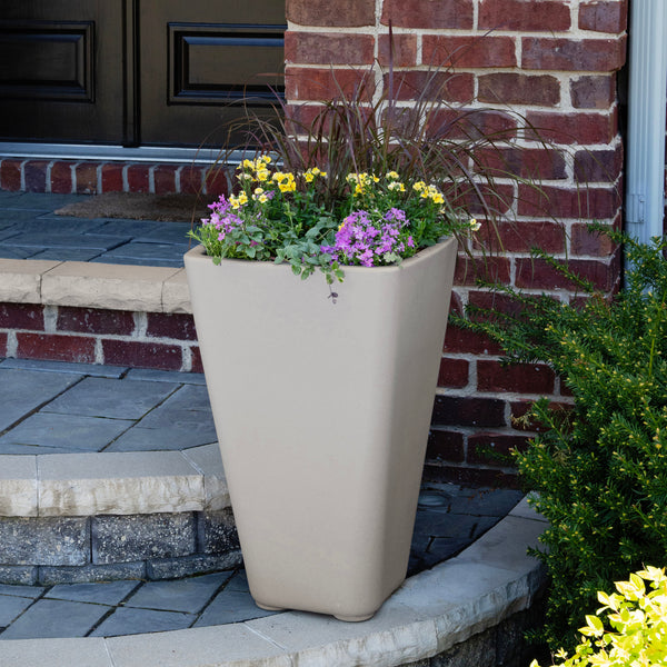 Bridgeview Tall Planter™ - Concrete Gray with flowers