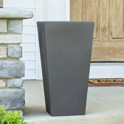 Tremont Tall Square Tapered Planter™ - Dark Cedar on front porch