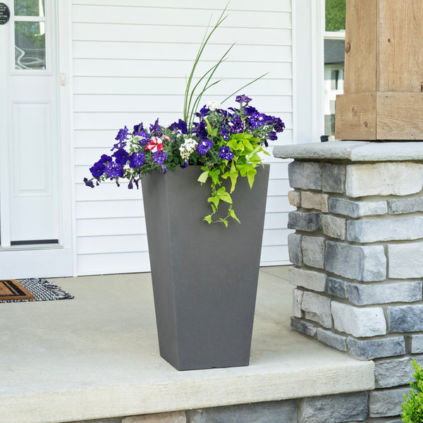 Tremont Tall Square Tapered Planter™ - Dark Cedar with flowers