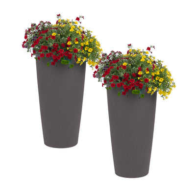 Tremont Tall Round Tapered Planter™ - Dark Cedar 2 Pack with flowers