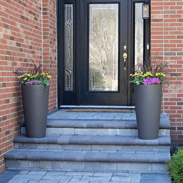 Tremont Tall Round Tapered Planter™ - Dark Cedar 2 Pack at entryway