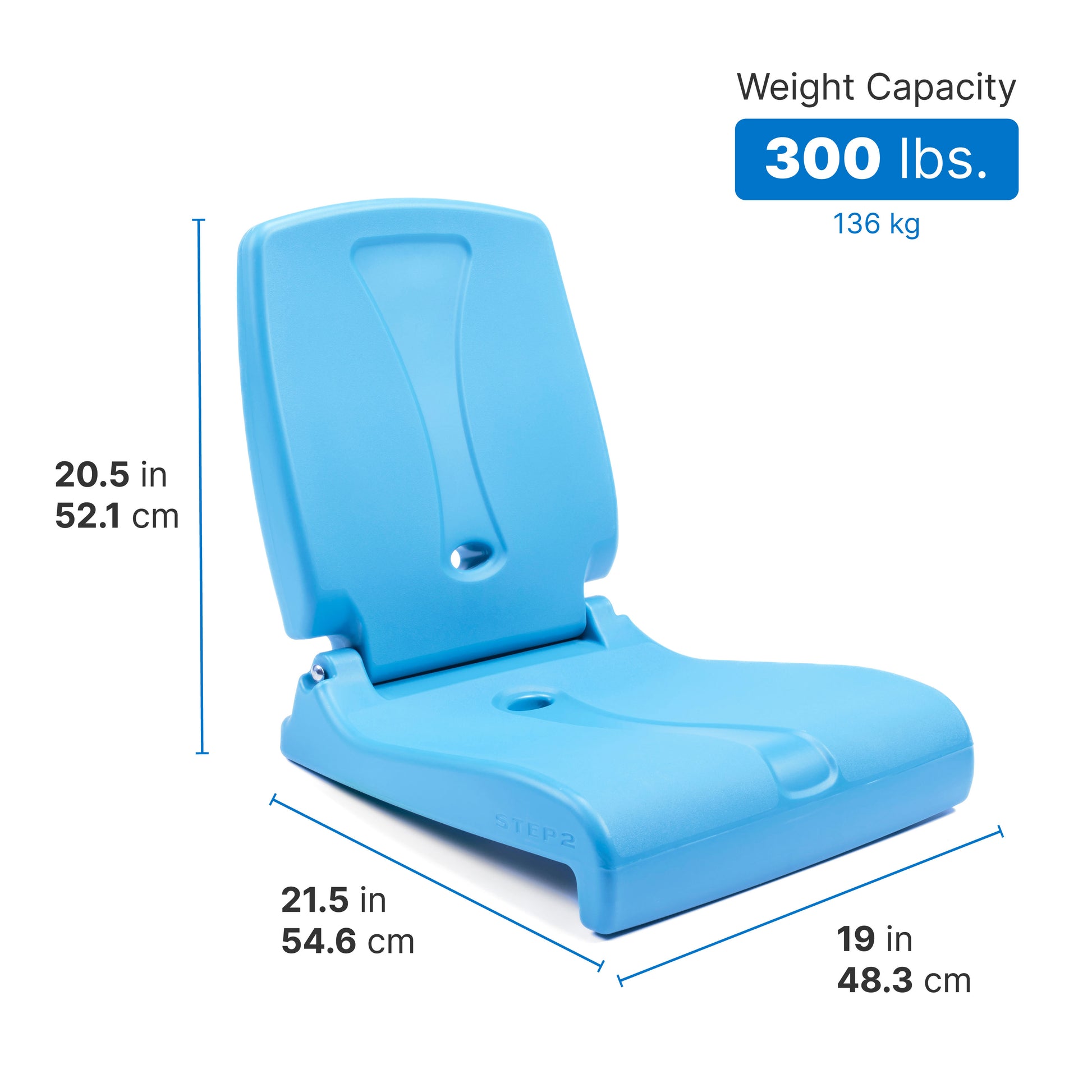 Flip Seat dimensions — 20.5 in x 21.5 in x 19 in / 52.1 x 54.6 x 48.3 cm; weight capacity 300 lbs.; sky-blue Flip Seat render; white background