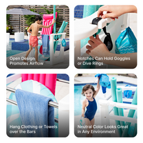 Vero Pool Side Organizer with bars to hang towels and notches to hold goggles and dive rings