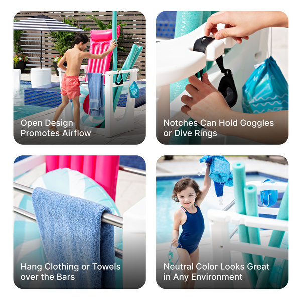 Vero Pool Side Organizer with bars to hang towels and notches to hold goggles and dive rings