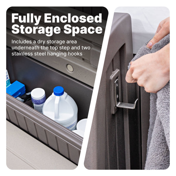 Hot Tub Storage Steps With Handrail™ - Dark Cedar storage underneath step