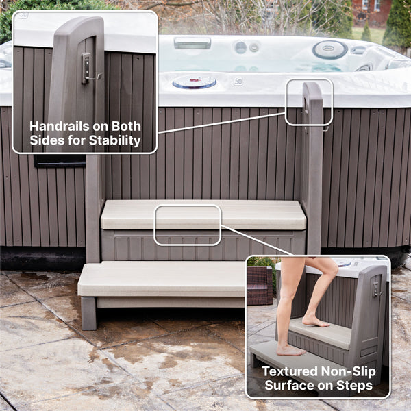 Hot Tub Storage Steps With Handrail™ - Dark Cedar handrails and non-slip steps 