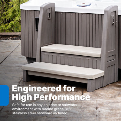 Hot Tub Storage Steps With Handrail™ - Dark Cedar use in chlorine or saltwater environment