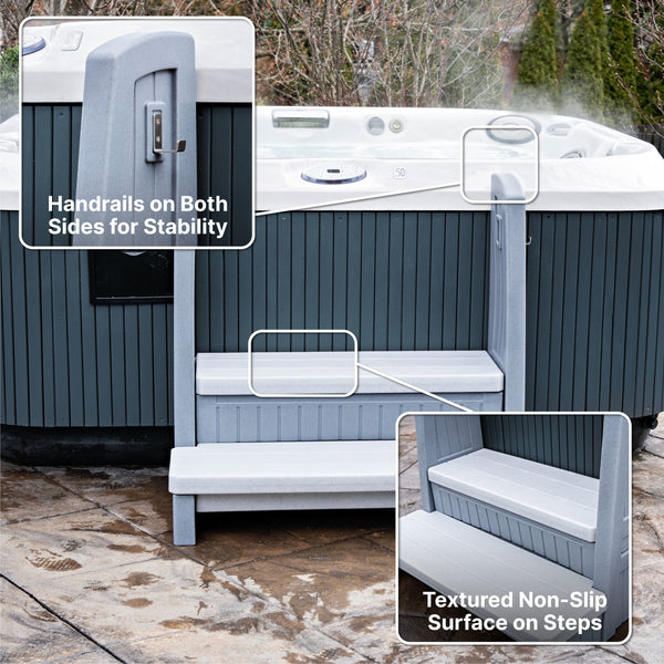 Hot Tub Storage Steps With Handrail™ - Gray with handrails and non-slip steps