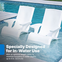 Two Vero Adirondack chairs in pool showing weight cavity designed for up to 9 inches water depth