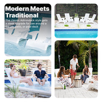 Modern Meets Traditional — four scenes showing Vero chairs in pool, aerial pool view, couple poolside, and group at fire table