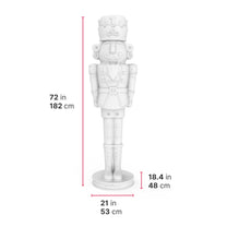 Nutcracker Prince dimensions — 72 in / 182 cm tall; 21 in / 53 cm base diameter; 18.4 in / 48 cm base height; unpainted white render with measurement callouts; white background