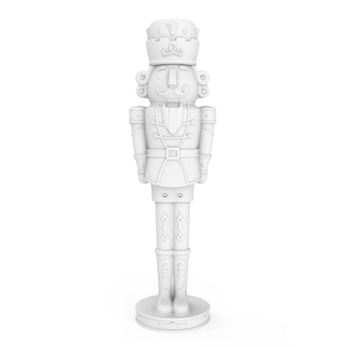 Step2 Nutcracker Prince — full-figure 3D render; unpainted white; traditional military uniform with peaked hat, curly sideburns, large lever-jaw teeth, and jointed arms; white background
