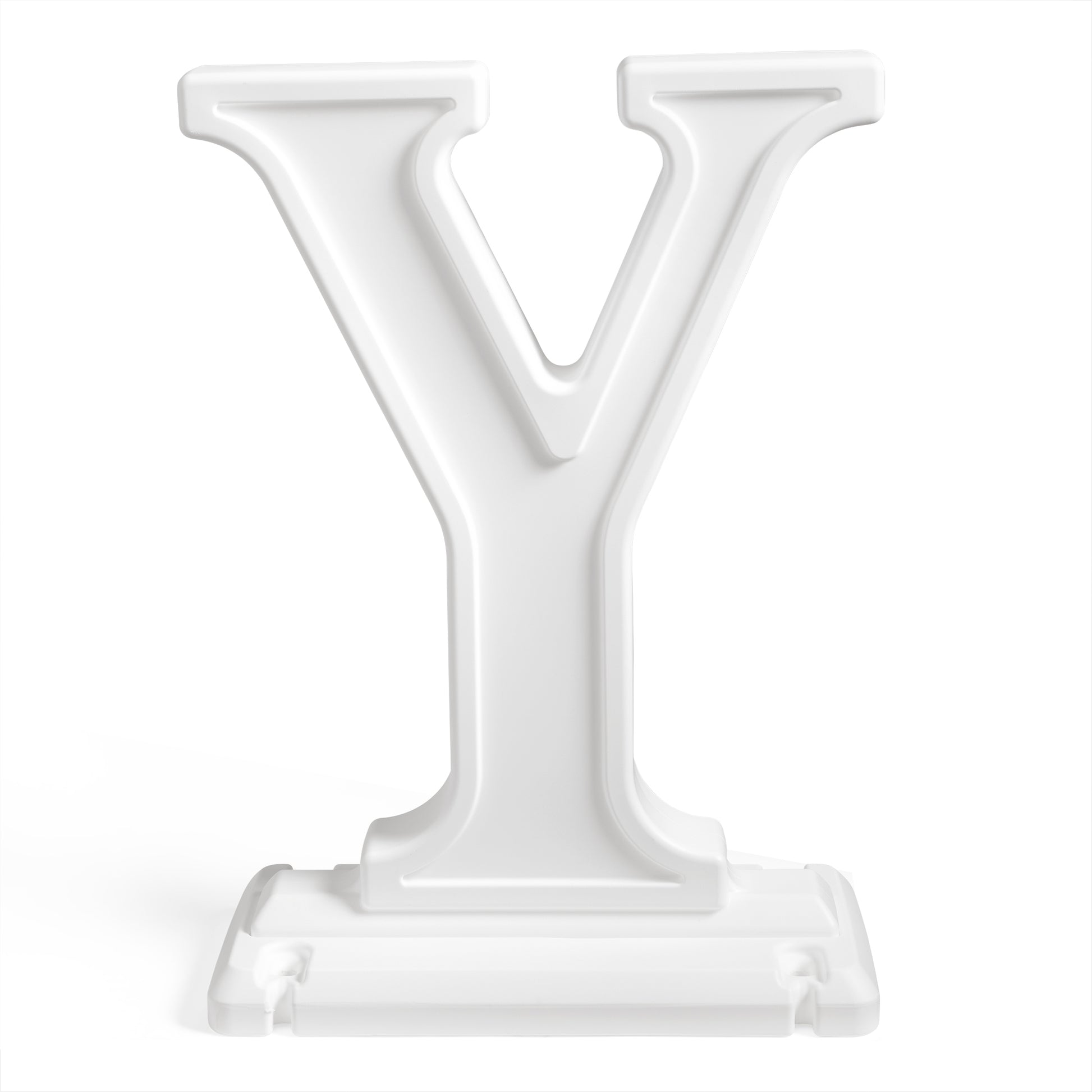 Close-up of the "Y" letter from the Paintable Large Outdoor Christmas JOY Letters set, unpainted white, on its base