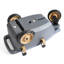 Underside view of EverTough Garden Hopper showing all three wheels, rubber tires, drainage plug, STEP2 logo, and carry handle, on white background