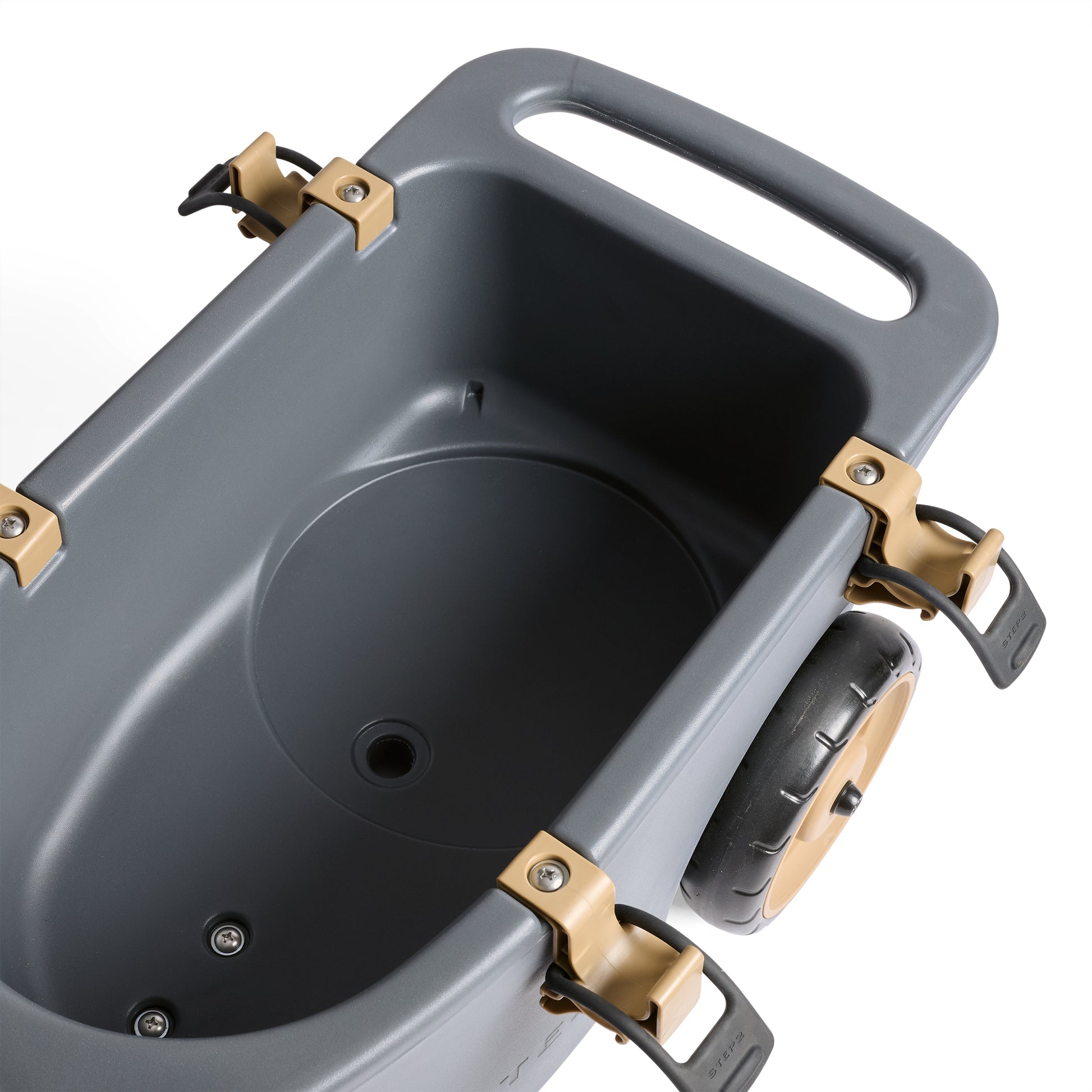 Overhead view of empty EverTough Garden Hopper interior showing circular bucket recess and drainage hole, on white background
