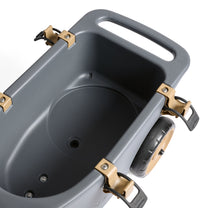 Overhead view of empty EverTough Garden Hopper interior showing circular bucket recess and drainage hole, on white background