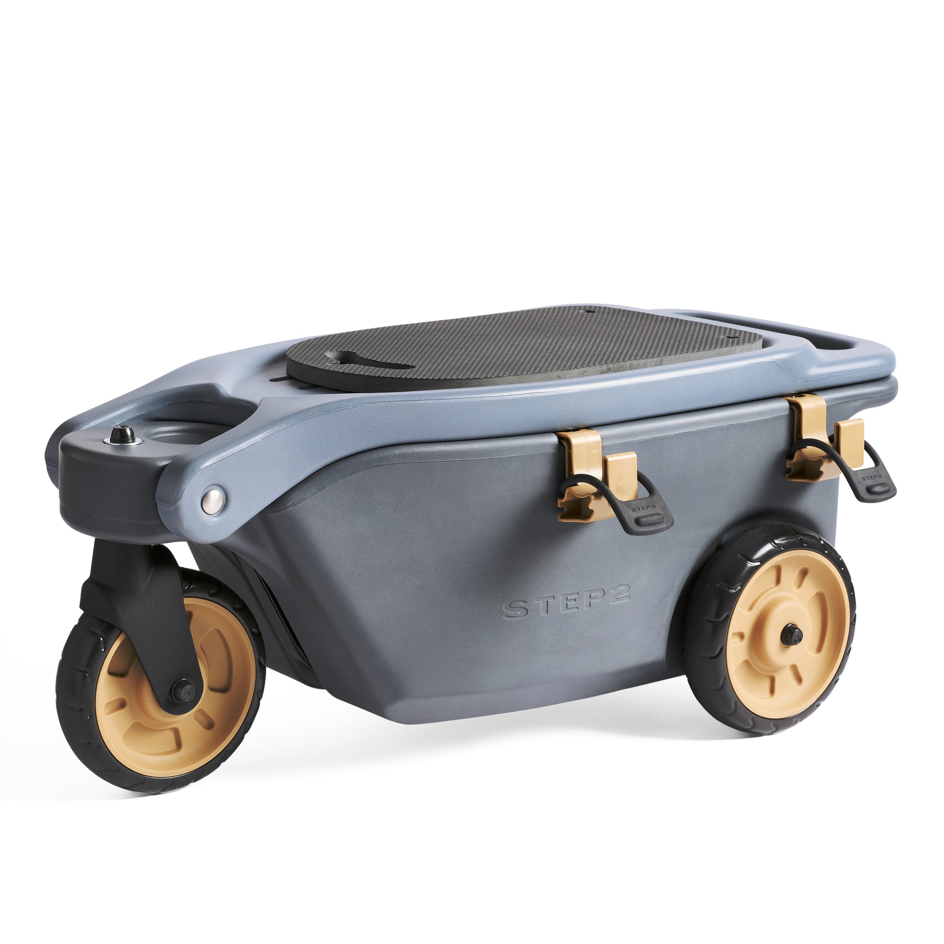 Step2 EverTough Garden Hopper — gray hopper on two amber front wheels and one rear caster, black rubber seat pad, with gold tool hooks, on white background