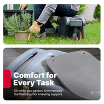 EverTough Garden Hopper comfort features — man kneeling to garden above; removable foam seat pad below