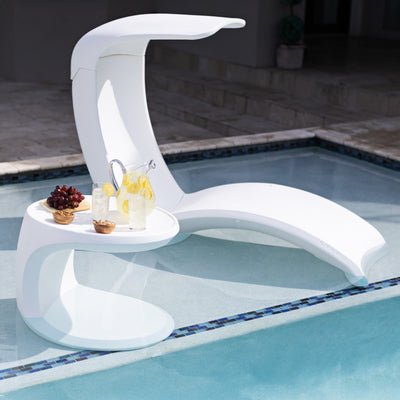 Mondello In-Pool Side Table™ on sun shelf with Mondello Lounger with Shade