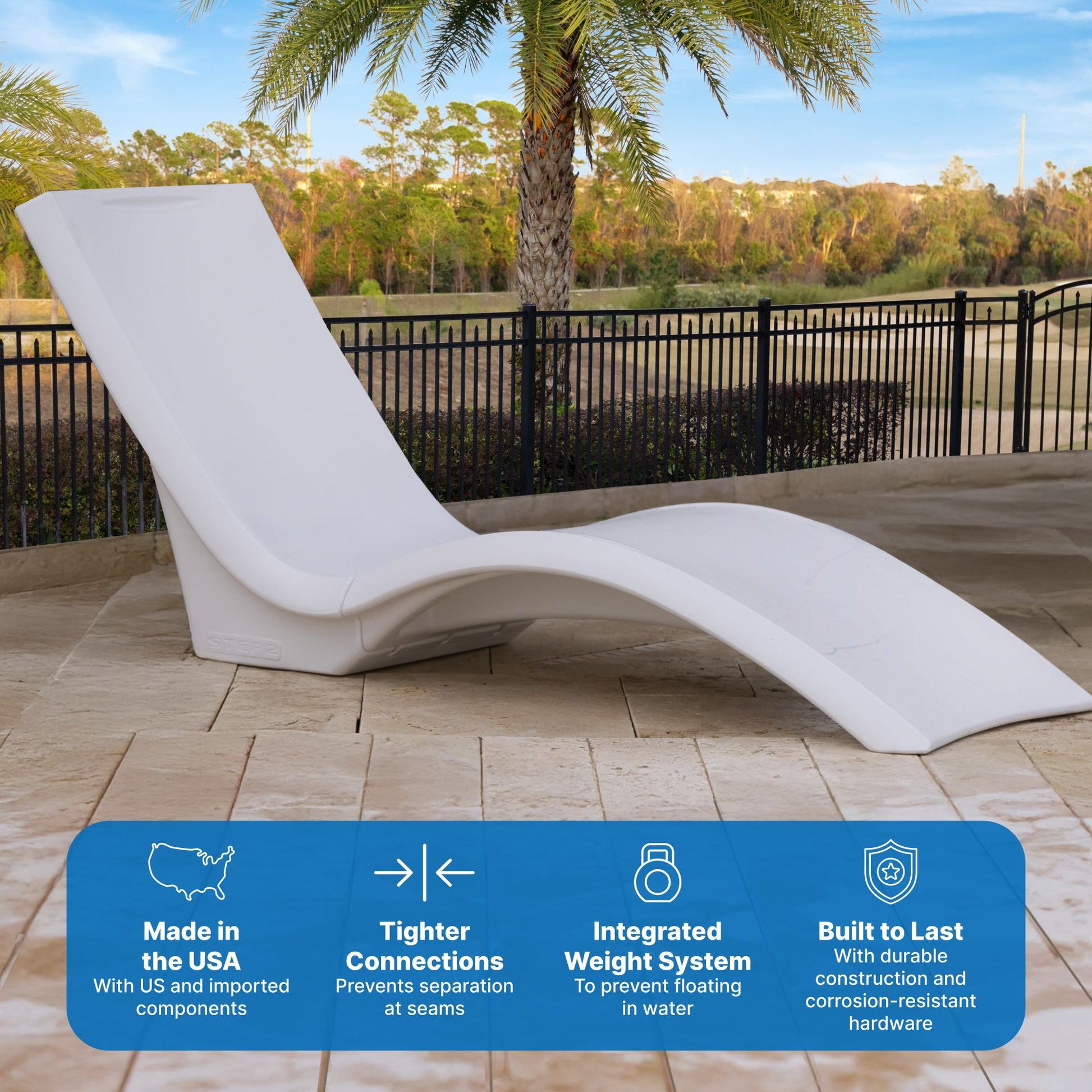 Vero Pool Lounger on pool patio — feature callouts: Made in the USA, Tighter Connections, Integrated Weight System, Built to Last; white lounger render