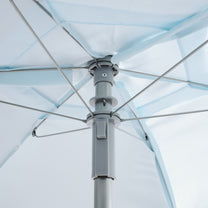 Close-up of Sunshine Springs Splash Table umbrella underside showing spoke structure with gray hub and blue canvas
