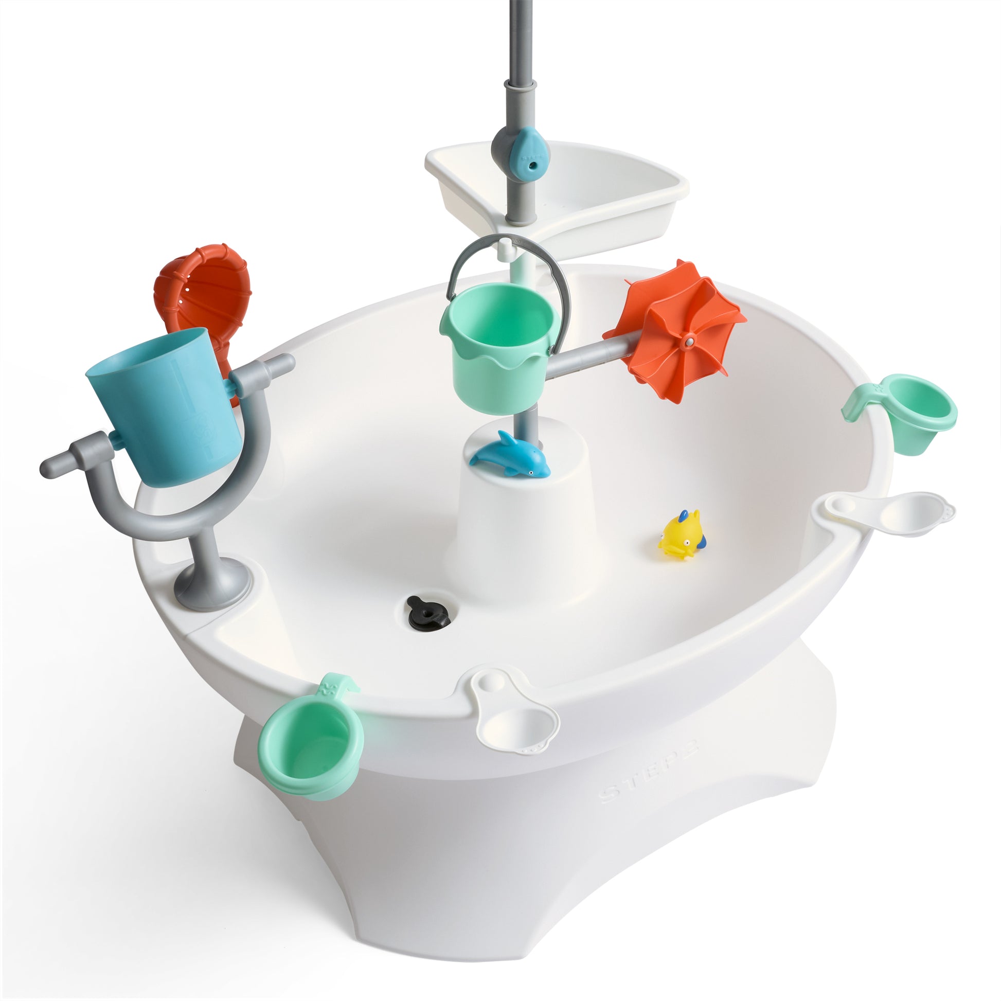 Overhead angled view of Sunshine Springs Splash Table basin with all accessories visible, without umbrella, on white background