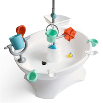 Overhead angled view of Sunshine Springs Splash Table basin with all accessories visible, without umbrella, on white background