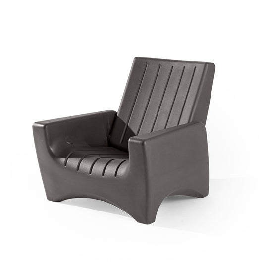 SwitchBack Chair in warm charcoal/taupe — high-back molded chair with vertical slat backrest, wide armrests, and arched base; 3/4 front view; white background
