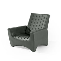 SwitchBack Chair in forest green — high-back molded chair with vertical slat backrest, wide armrests, and arched base; 3/4 front view; white background