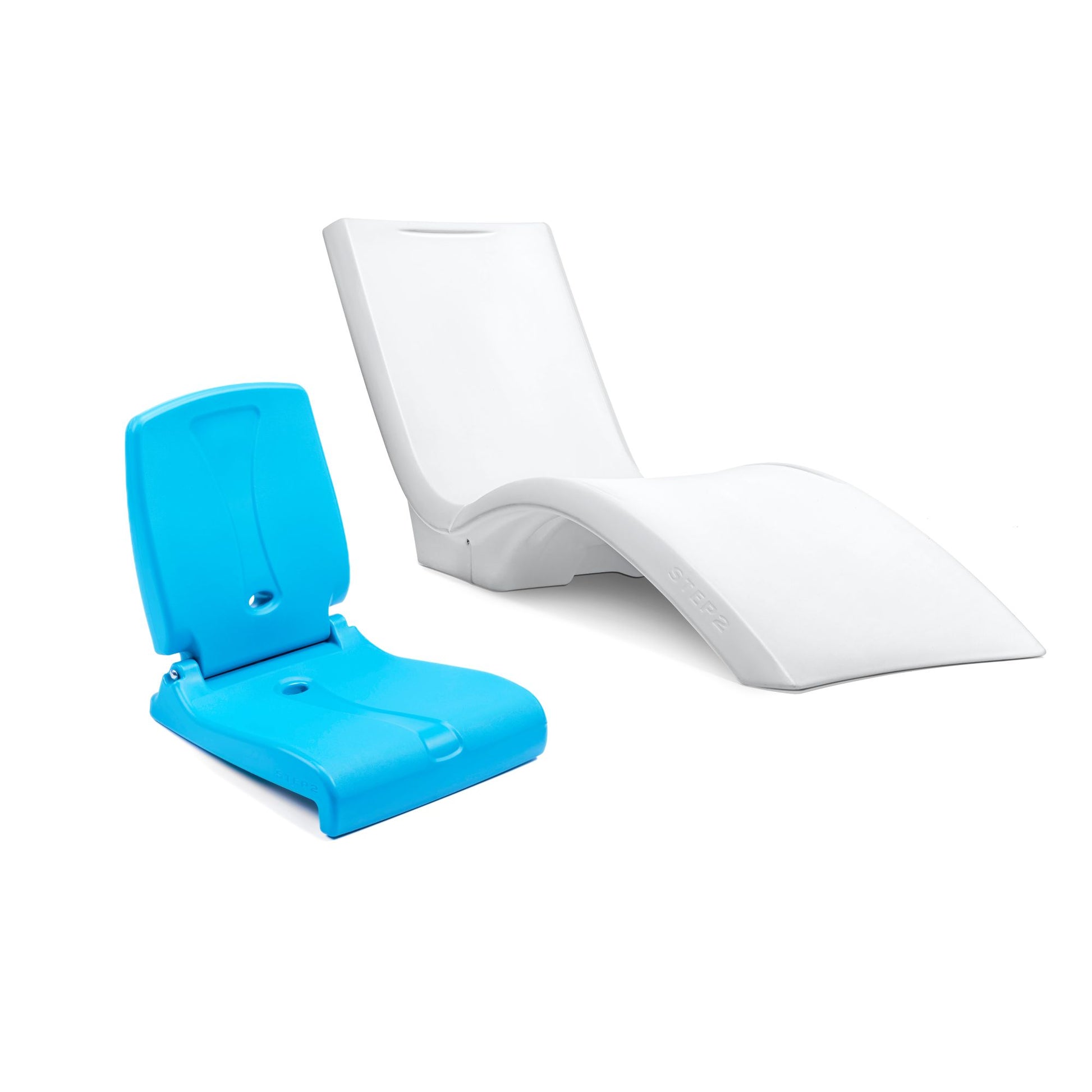Blue Flip Seat and white Vero Pool Lounger side by side; white background