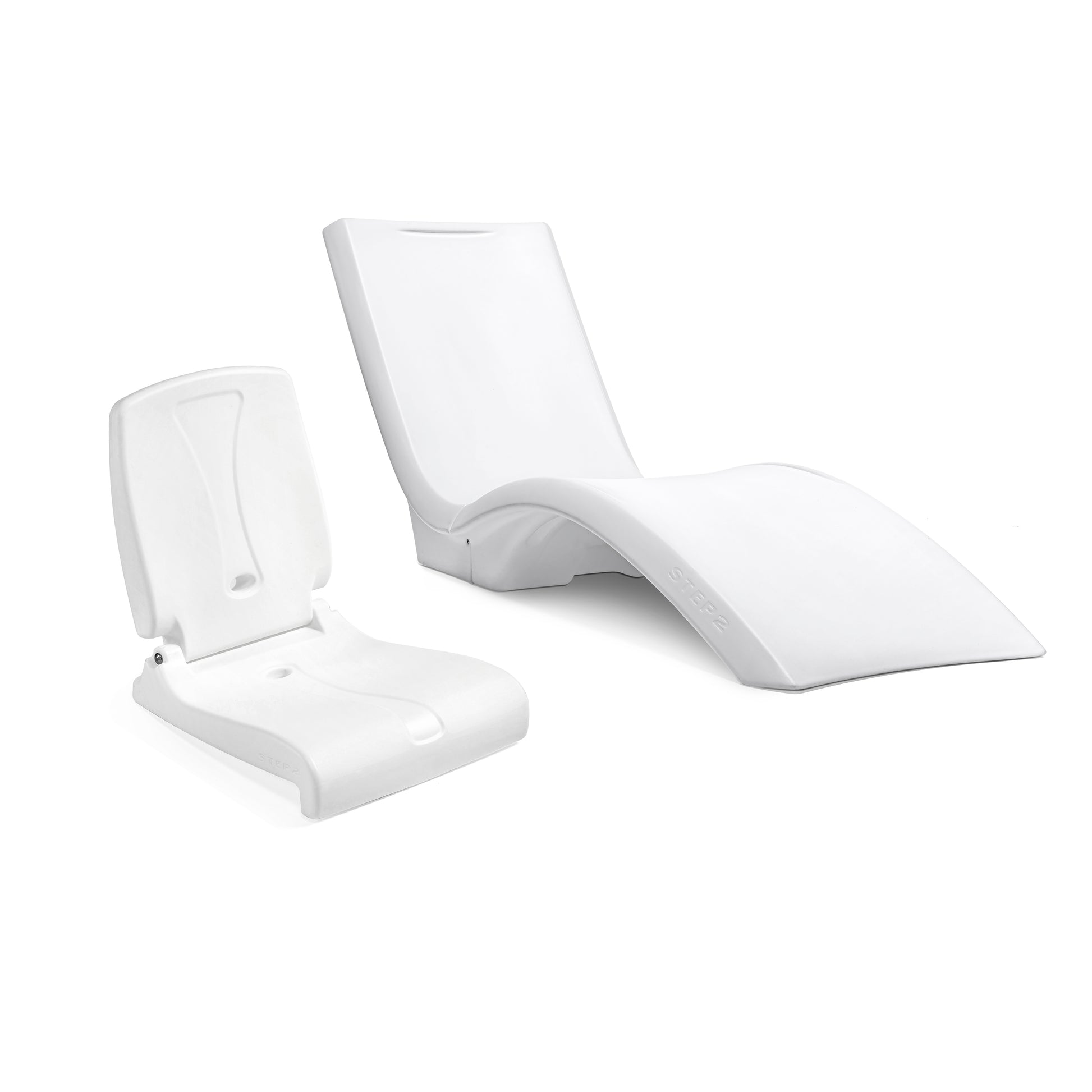 Step2 Vero Pool Lounger Plus Flip Seat Bundle — white Vero Pool Lounger and white Flip Seat upright side by side; white background