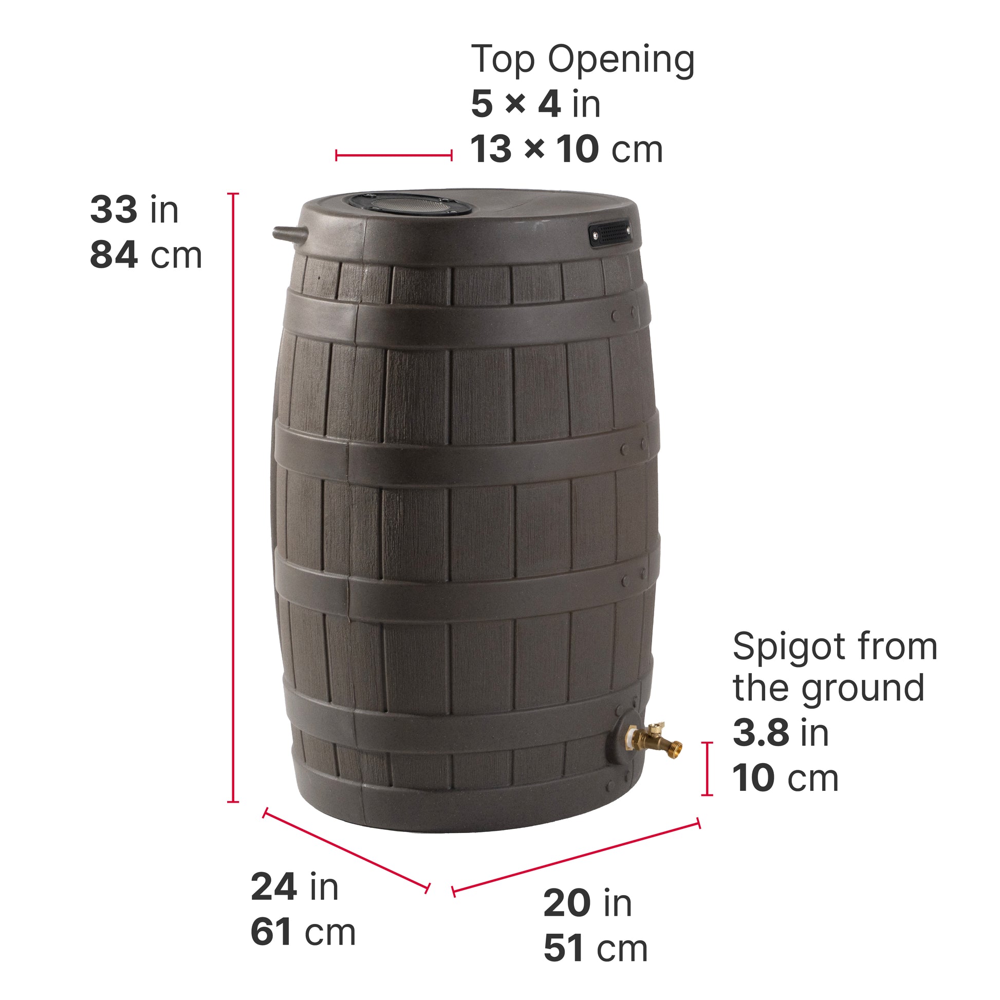 American Oak Rain Barrel dimensions — 33 in tall, 24 in wide, 20 in deep; top opening 5 x 4 in; spigot 3.8 in from ground, on white background