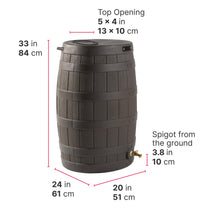 American Oak Rain Barrel dimensions — 33 in tall, 24 in wide, 20 in deep; top opening 5 x 4 in; spigot 3.8 in from ground, on white background