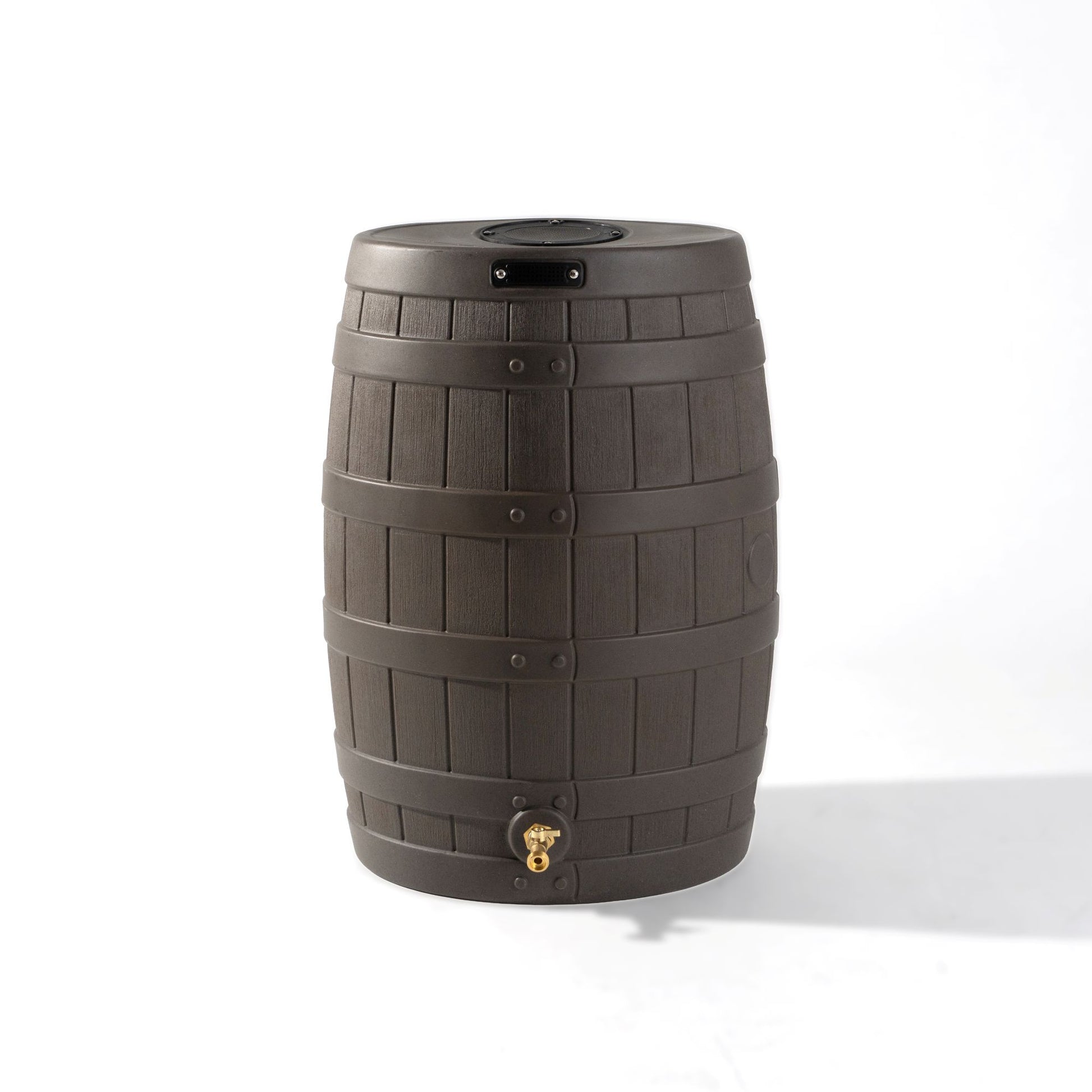 Step2 American Oak Rain Barrel — dark brown oak-texture barrel with stave plank detail, horizontal bands, black lid, and brass spigot at base, on white background