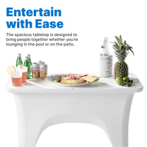 "Entertain with Ease" — Vero In Pool Entertaining Table™ tabletop loaded with sparkling water, Spindrift cans, drinks, charcuterie, sunglasses, and a pineapple; "The spacious tabletop is designed to bring people together whether you're lounging in the pool or on the patio"