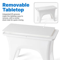 "Removable Tabletop" — Vero In Pool Entertaining Table™ showing the removable top panel being lifted; inset shows the table base without the top; "Integrated lift grooves make the tabletop easy to remove, with a center drain hole for quick rinsing"
