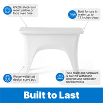 "Built to Last" — Vero In Pool Entertaining Table™ front view with four feature callouts: UV20 rated resin won't yellow or fade, built for use in water up to 12 inches deep, water-weighted design stays put, rust-resistant hardware withstands chlorine and saltwater