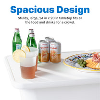 "Spacious Design" — close-up of Vero In Pool Entertaining Table™ tabletop loaded with sparkling water bottles, Spindrift cans, drinks with lemon, and a charcuterie plate; "Sturdy, large, 24 in x 20 in tabletop fits all the food and drinks for a crowd"