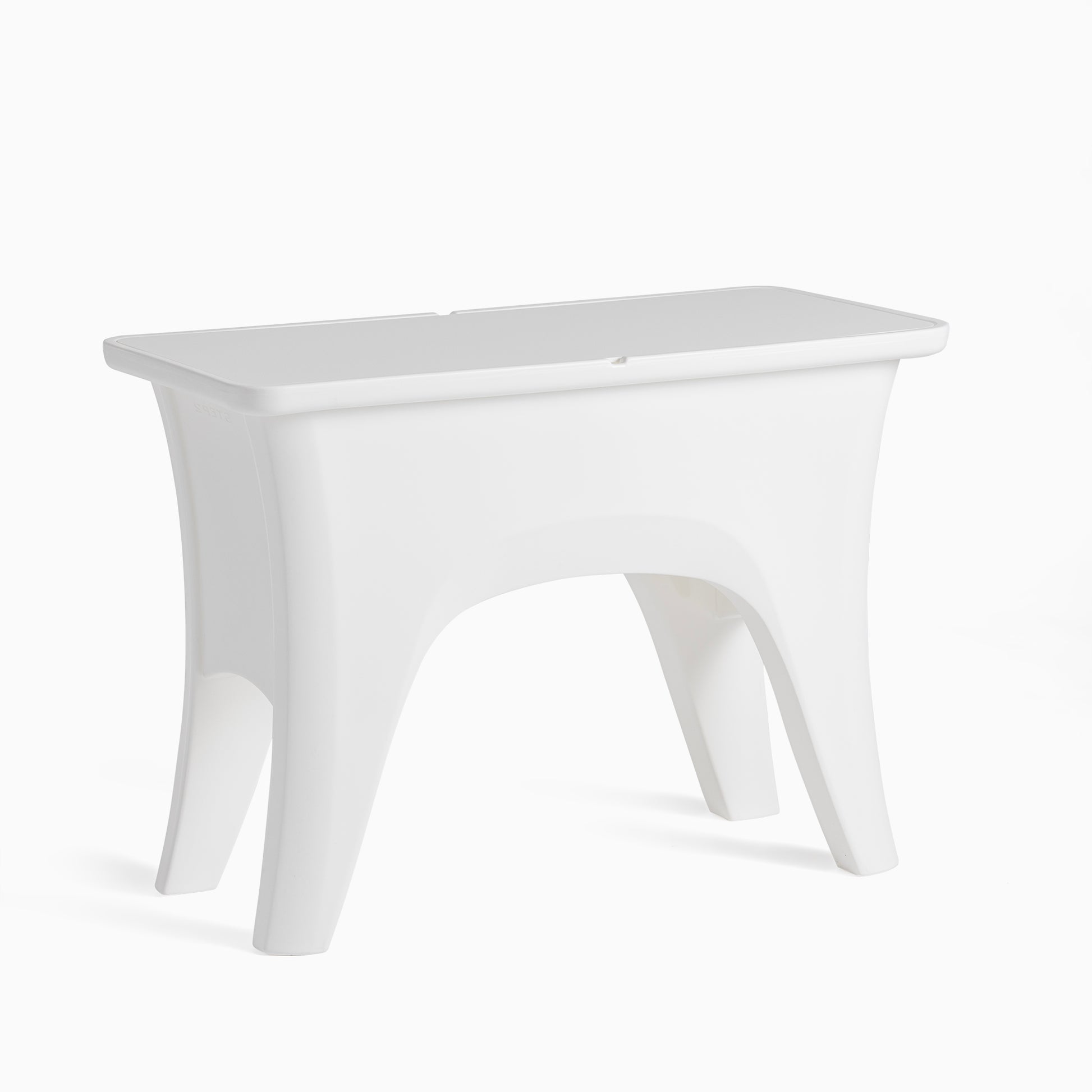 Step2 Vero In Pool Entertaining Table™ — modern white rectangular table with elegant curved arch base legs and open center cutout; removable flat tabletop with integrated lift grooves; 3/4 front-right view on white background