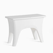 Step2 Vero In Pool Entertaining Table™ — modern white rectangular table with elegant curved arch base legs and open center cutout; removable flat tabletop with integrated lift grooves; 3/4 front-right view on white background