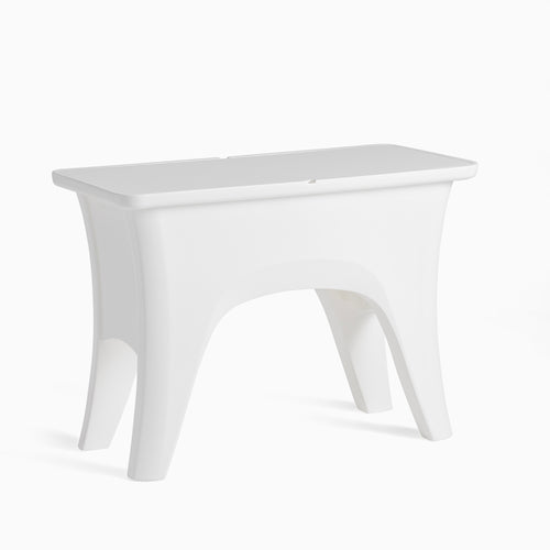 Step2 Vero In Pool Entertaining Table™ — modern white rectangular table with elegant curved arch base legs and open center cutout; removable flat tabletop with integrated lift grooves; 3/4 front-right view on white background