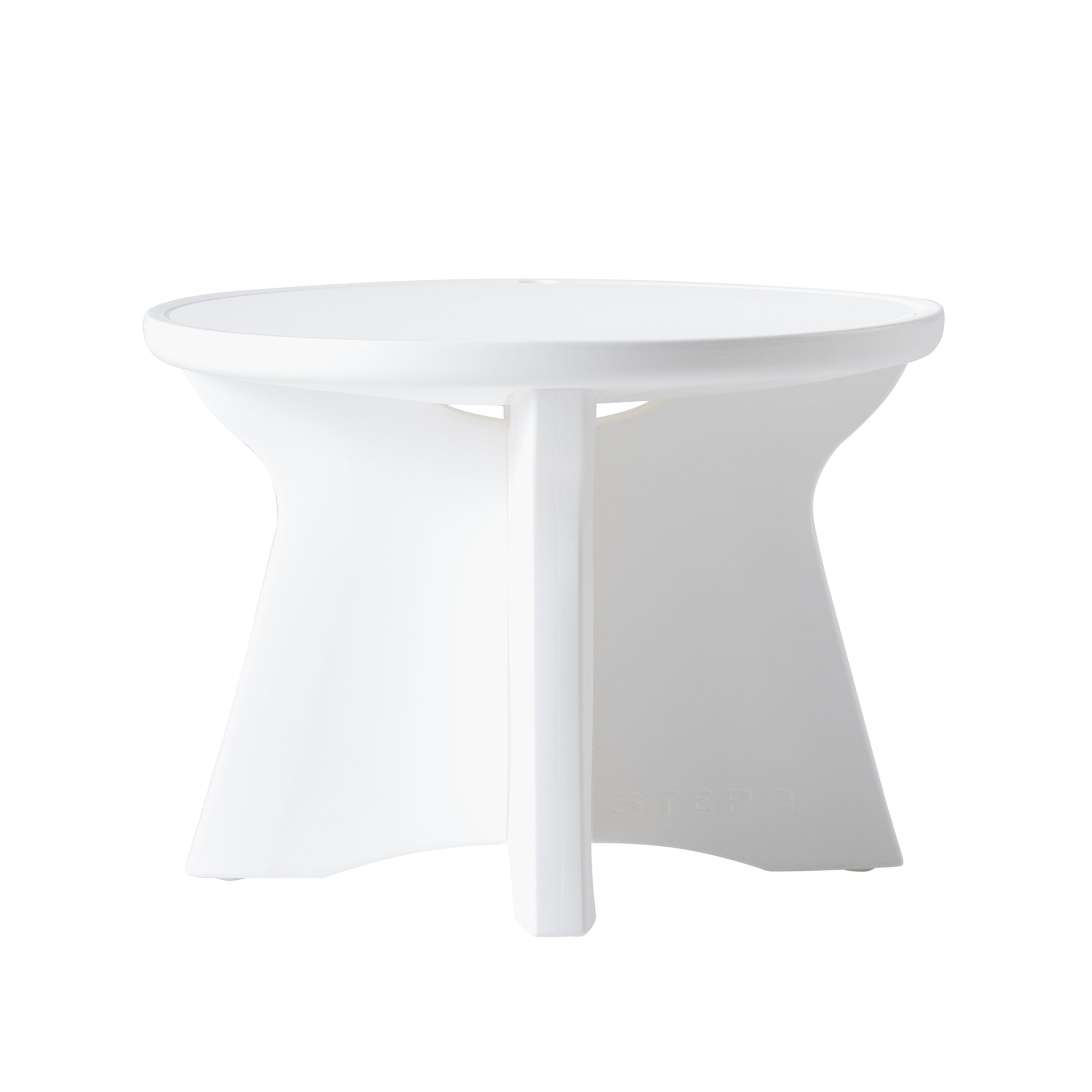 Front view of Vero In Pool Accent Table™ on white background — shows round tabletop with raised lip edge, curved hourglass-shaped center column, and four-panel star base